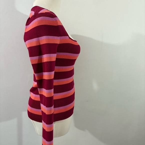 Striped Square Neck Sweater Pink Orange Burgundy Y2K Sz S 90s Retro Casual - Picture 3 of 8